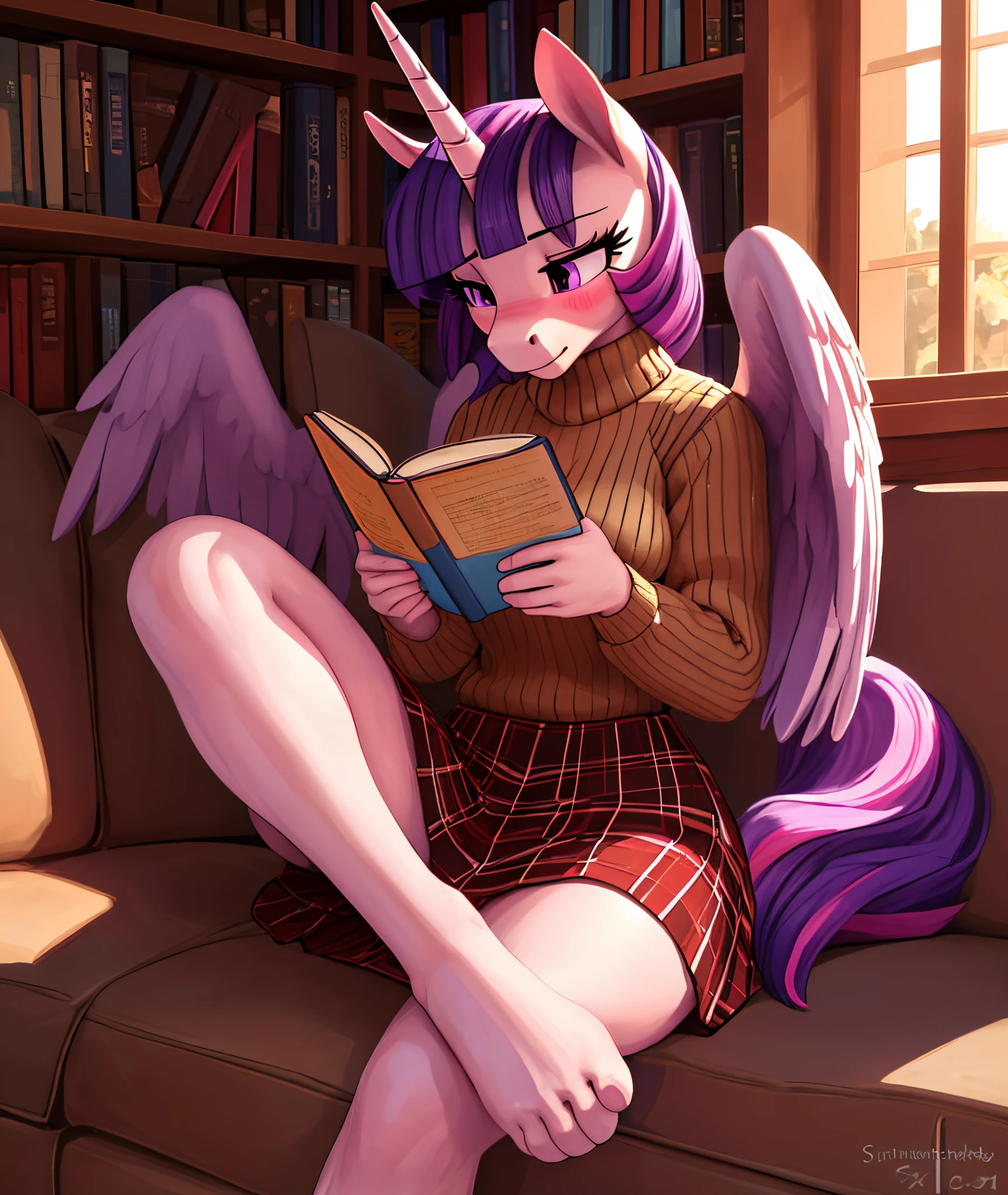 [twilight sparkle], [Uploaded to e621.net; (Pixelsketcher), (mayosplash), (wamudraws)], [uploaded to twitter.com; (@senip)], ((masterpiece)), ((HD)), ((solo portrait)), ((full body)), ((front view)), ((feet visible)), ((furry; anthro horse)), ((detailed fur)), ((detailed shading)), ((beautiful render art)), {anthro female; (slim figure), light-purple fur, horse snout, (long purple hair pink highlights), (long purple tail pink highlights), (light-purple unicorn horn), (light-purple pegasus wings), (long eyelashes), (cute purple eyes), (half-closed eyes), (small boobs), (gorgeous hips), (beautiful legs), (beautiful feet), (blushing), (expressionless)}, {(beige sweater), (red plaid skirt)}, {(sitting on couch), (reading book), (legs spread open), (legs crossed), (looking down)}, [background; (library), (bookshelves), (window), (blue sky), (sun rays)]