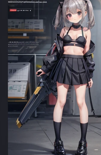 loli, small breasts, black micro skirt，Black bra, full body