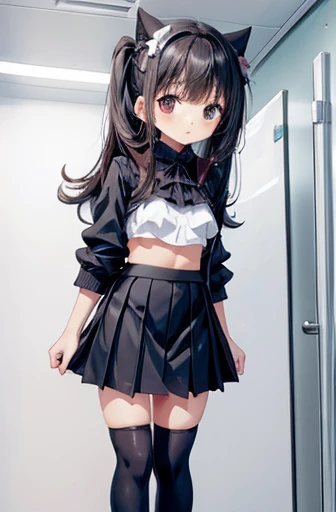 loli, small breasts, black micro skirt，Black bra, full body