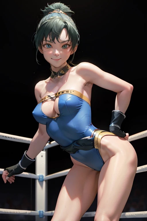 masterpiece, best quality, defaultLyn, blue dress, pelvic curtain, sash, fingerless gloves, standing, looking at viewer, ((Tight leotard)), ((sexy pose)), ((Wrestling ring)), arms behind back, leaning forward, smile, serene expression