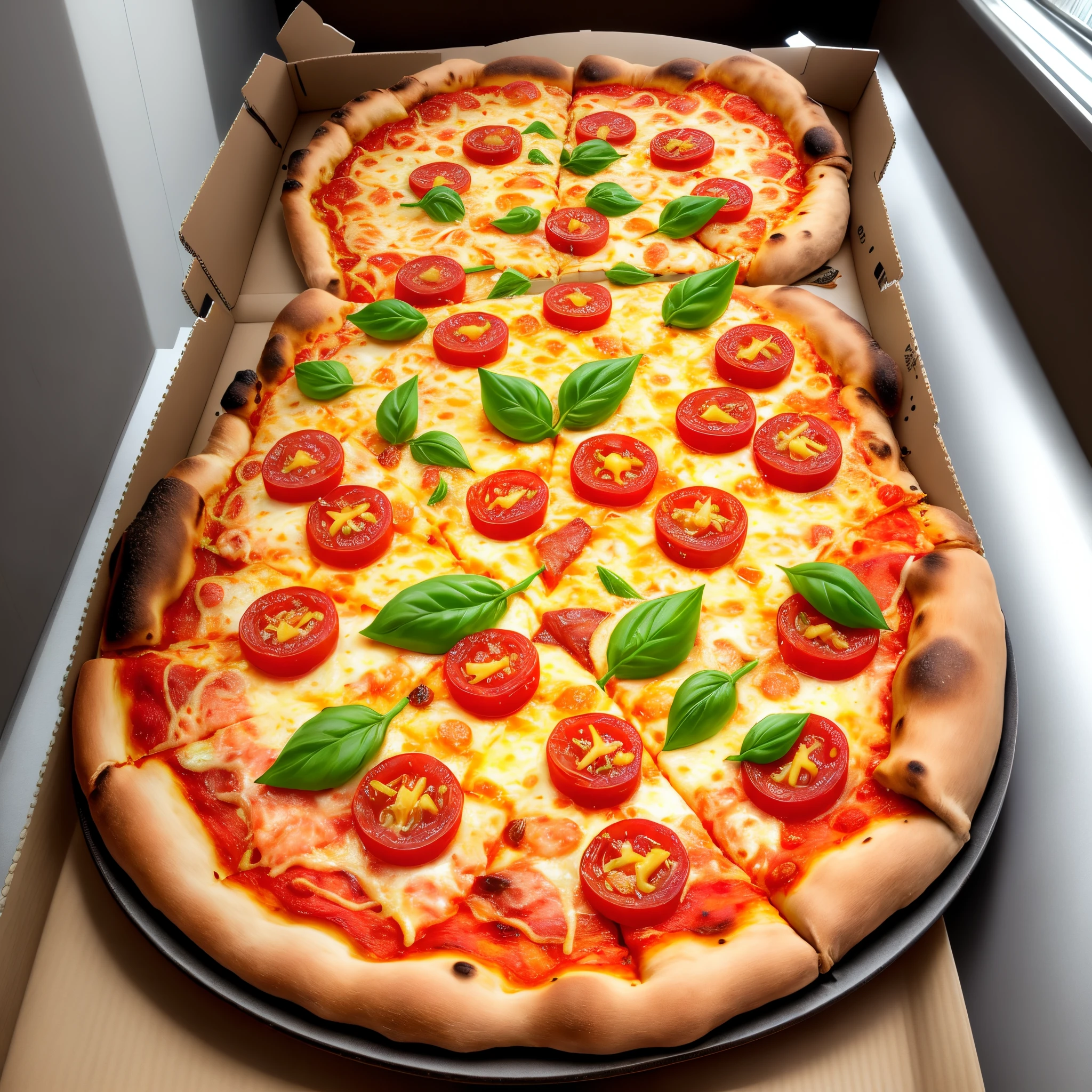 One big, tasty pizza. Lots of filling: processed cheese, tomatoes, meat.
