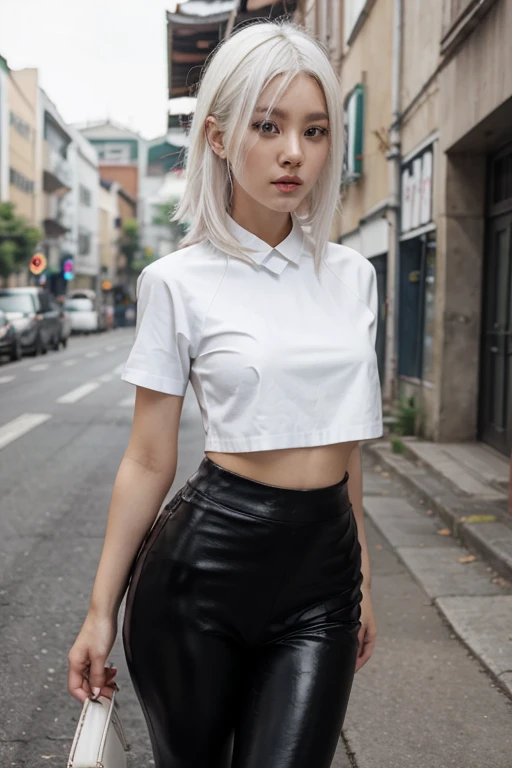 korean, black leather leggings, top shirt, white hair, beautiful,