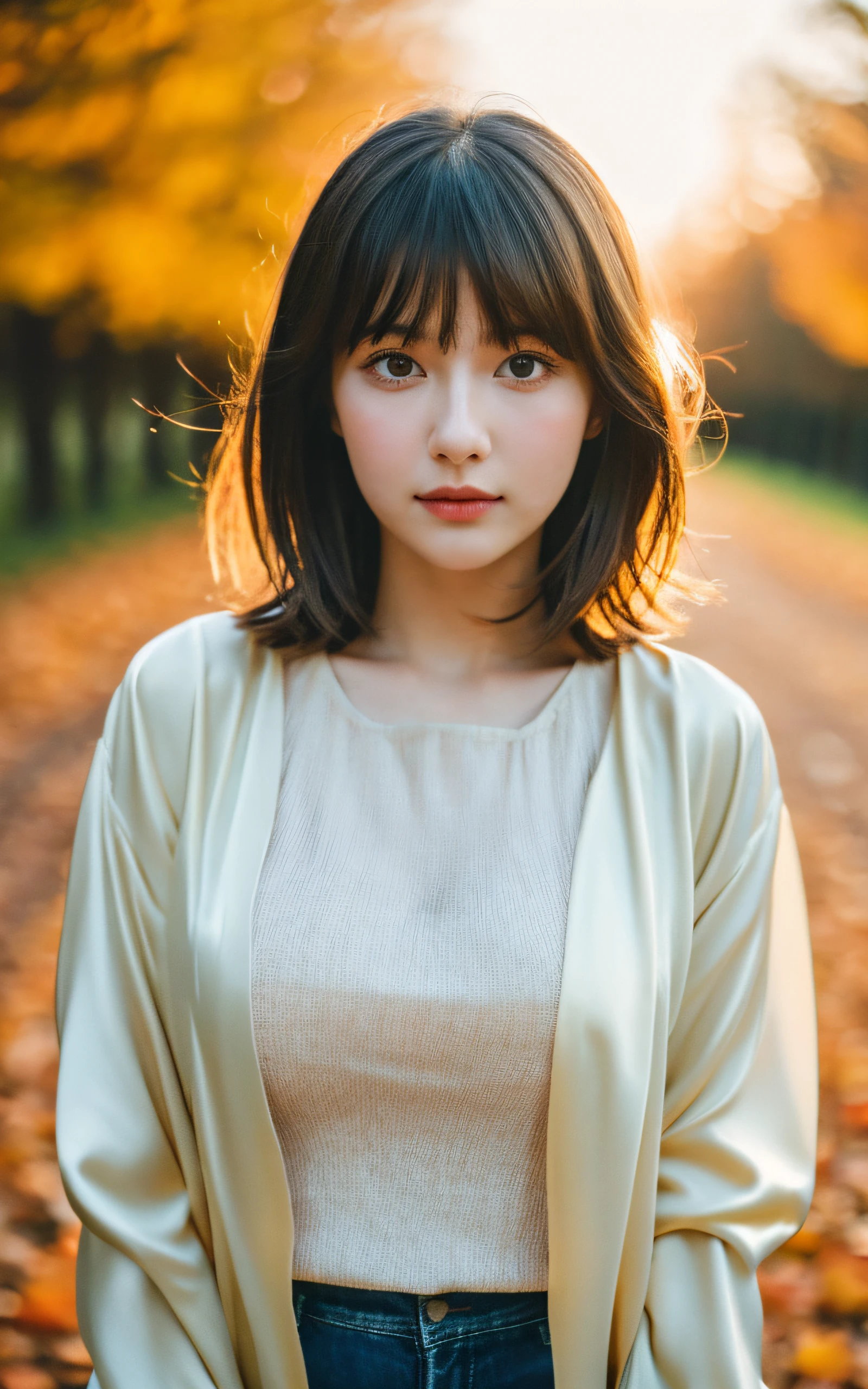 masutepiece, Best Quality, 8K, 20 yo, (large full breasts:1.2), autumn night,  cute little, Solo, sad, close up, Cute, Girly, Delicate girl, Neat and clean beauty,  Raw photo, Professional Photography, Portrait, Soft light, Professional Lighting, Back lighting, Upper body, Sophisticated, Film grain, (Eyes and faces with detailed:1.0), Short-length floating hair , Beautiful flowing hair, Bangs, Silk blouse, Jacket