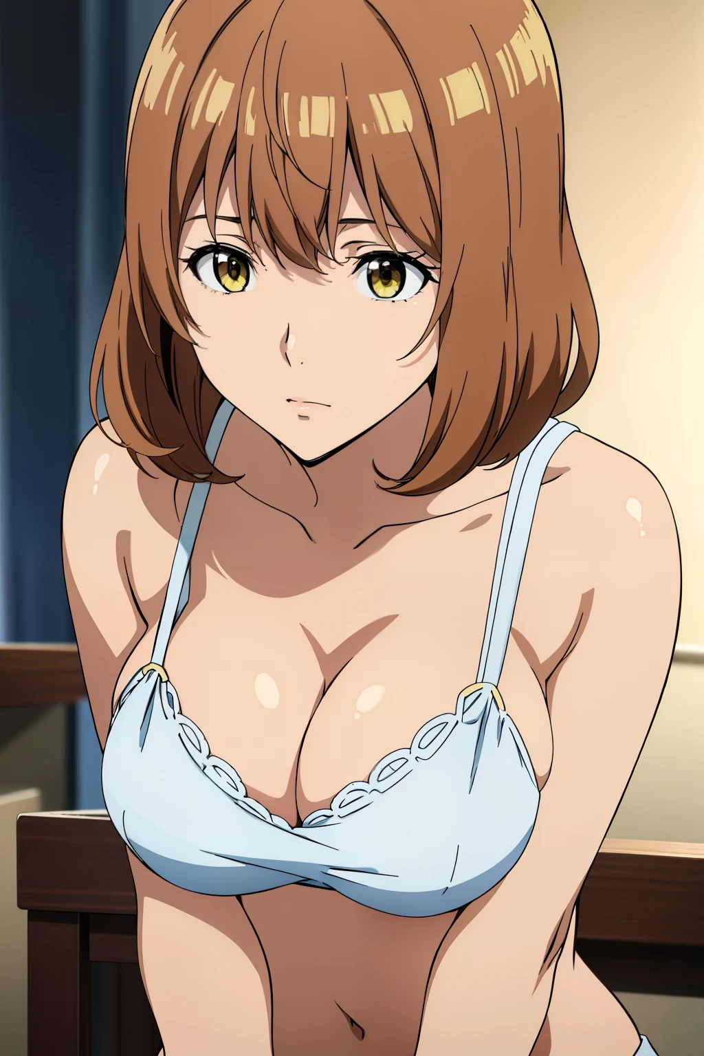 (Best Quality, masutepiece, High resolution, anime screen cap, anime colours), Brown hair, Yellow eyes, Yuriko Aoki, Embarrassed look:1.3, (large breasts with drooping:1.8, cleavage), (Thin fabric, White camisole:1.8, no-bra:1.5, Wide open chest), Slimed, Leaning forward, Upper body, Close-up on the chest, Bedrooms, (Perfect Anatomy, perfect detailed body, Eyes and hair in beautiful detail, Beautiful breasts and skin),