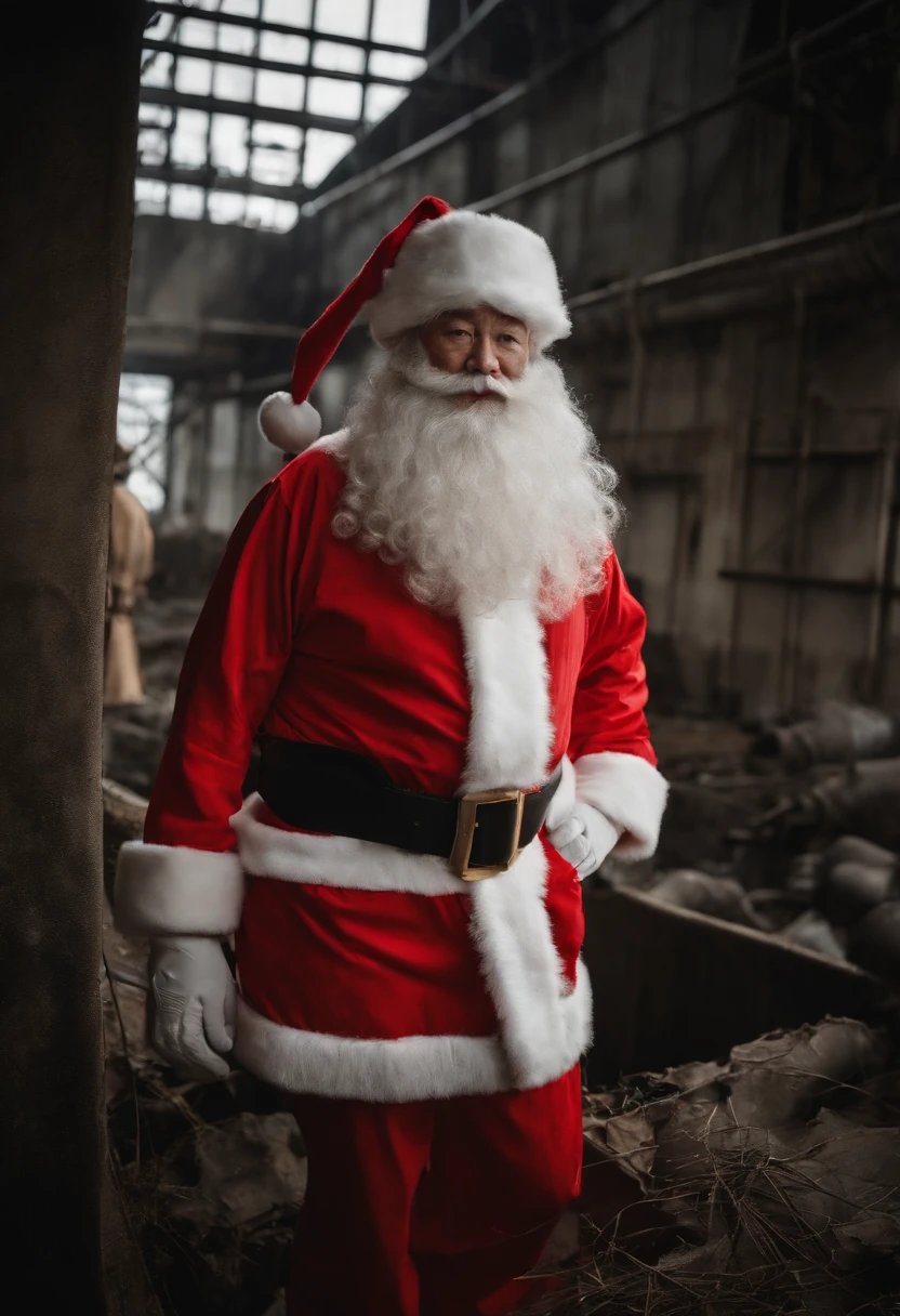 Santa Claus wearing a radiation protection suit is about to enter the destroyed chimney of the abandoned nuclear power plant in Fukushima, Japan, which is under construction.、movie、Photorealsitic、Santa Claus'sﾌﾙshots、