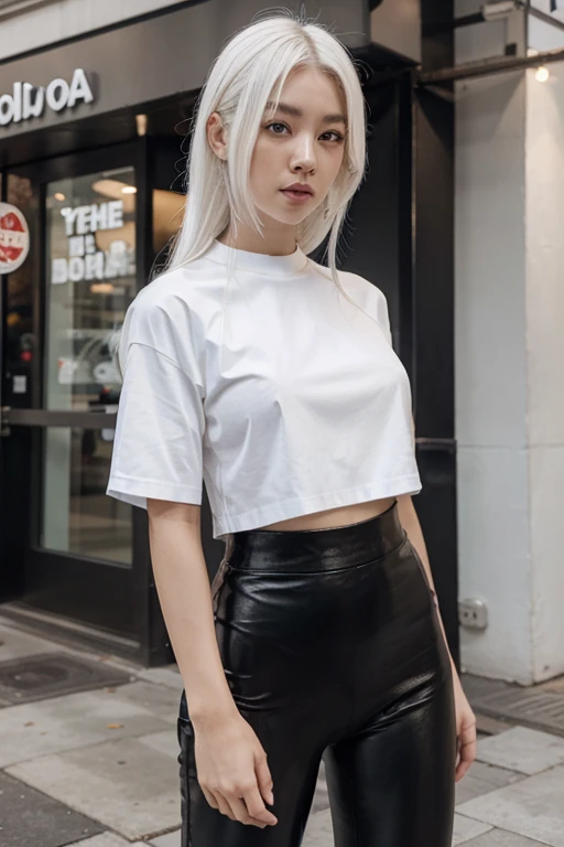 korean, black leather leggings, top shirt, white hair, beautiful, asshole