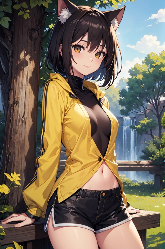 High quality 4k illustration. (1 sexy semi-human anime girl), [sexy cat ears girl], short detailed black hair, bright brown eyes, [light armor], shirt; white with yellow, shorts: yellow, medium breasts. {looking at the viewer with a slight smile, leaning against a tree}.