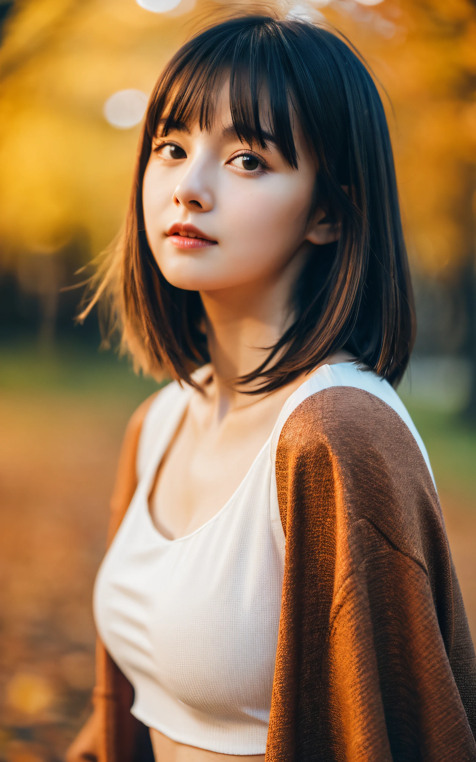 masutepiece, Best Quality, 8K, 20 yo, (large full breasts:1.2), autumn night, cute little, Solo, sad, close up, Cute, Girly, Delicate girl, Neat and clean beauty, Raw photo, Professional Photography, Portrait, Soft light, Professional Lighting, Back lighting, Upper body, Sophisticated, Film grain, (Eyes and faces with detailed:1.0), Short-length floating hair , Beautiful flowing hair, Bangs, Silk blouse, Jacket