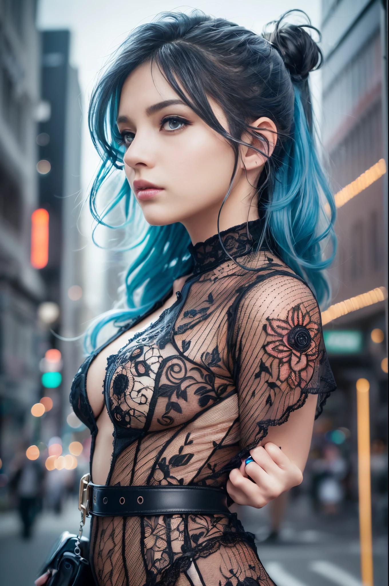 extremely detailed CG,UHD wallpaper, Extreme details,(realistic:1.2),(((best quality))), ((ultra-detailed)), (cute detailed face:1.2), {{highly detailed face}},beautiful and aesthetic,1girl,(masterpiece:1.4),glowing skin,strong rim light,dramatic shadows, intense shadows, SIGMA 35mm F1.4, ISO 200 Shutter Speed 2000,Photorealism,{photorealistic}, photogenic,Illustration, Girl, detailed manga illustration, finely detailed,HIGH RES,Stunning art,{{intricate detail}},(((beautiful detailed lighting))),beautiful detailed colorful eyes, dynamic fuzziness, intricate light, detailed clothes, rouge,full-length photograph,cyberpunk,Cyborg,sci-fi,city,cyberpunk busy city street,airship,fluorescence,
hair up,hair over one eye,iridescent color hair,blue hair, beautifull eyes,raised eyebrow,school uniform,hair ornament, (full body:1.5), from side