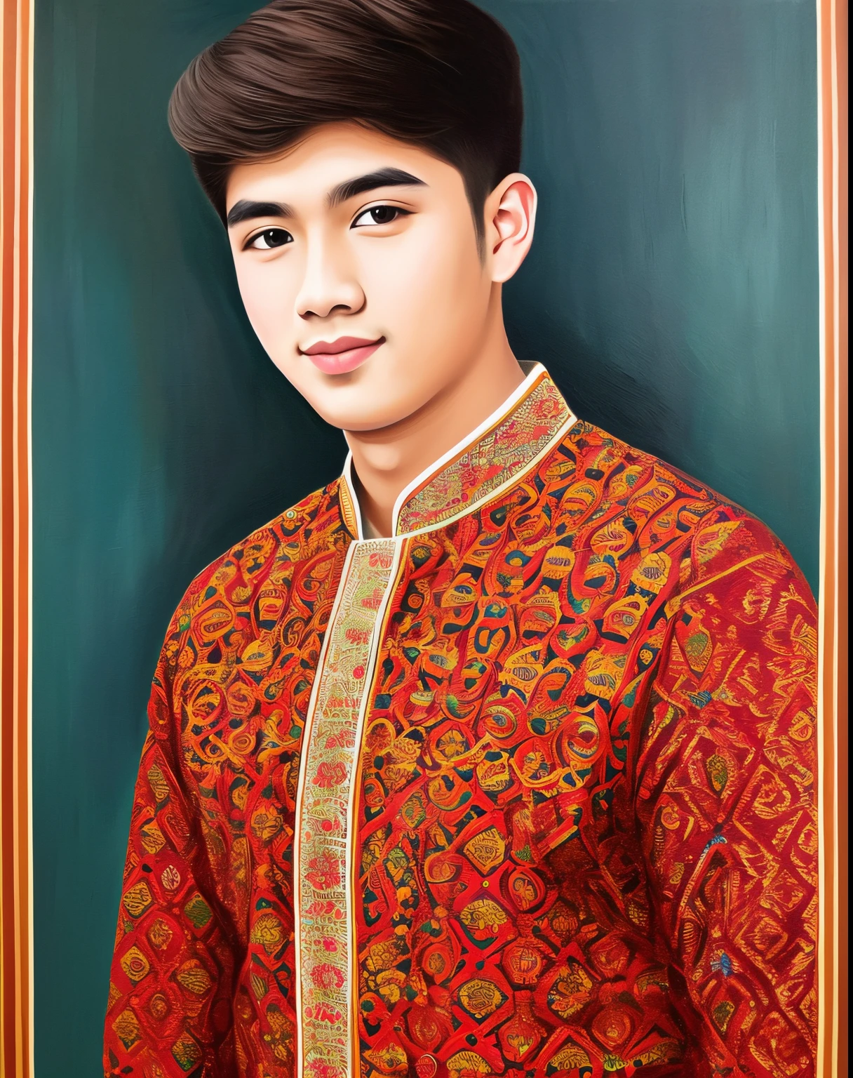 MMTD burmuse patterned traditional dress cute and handsome 22 years old boy , protrait painting, detailed full body