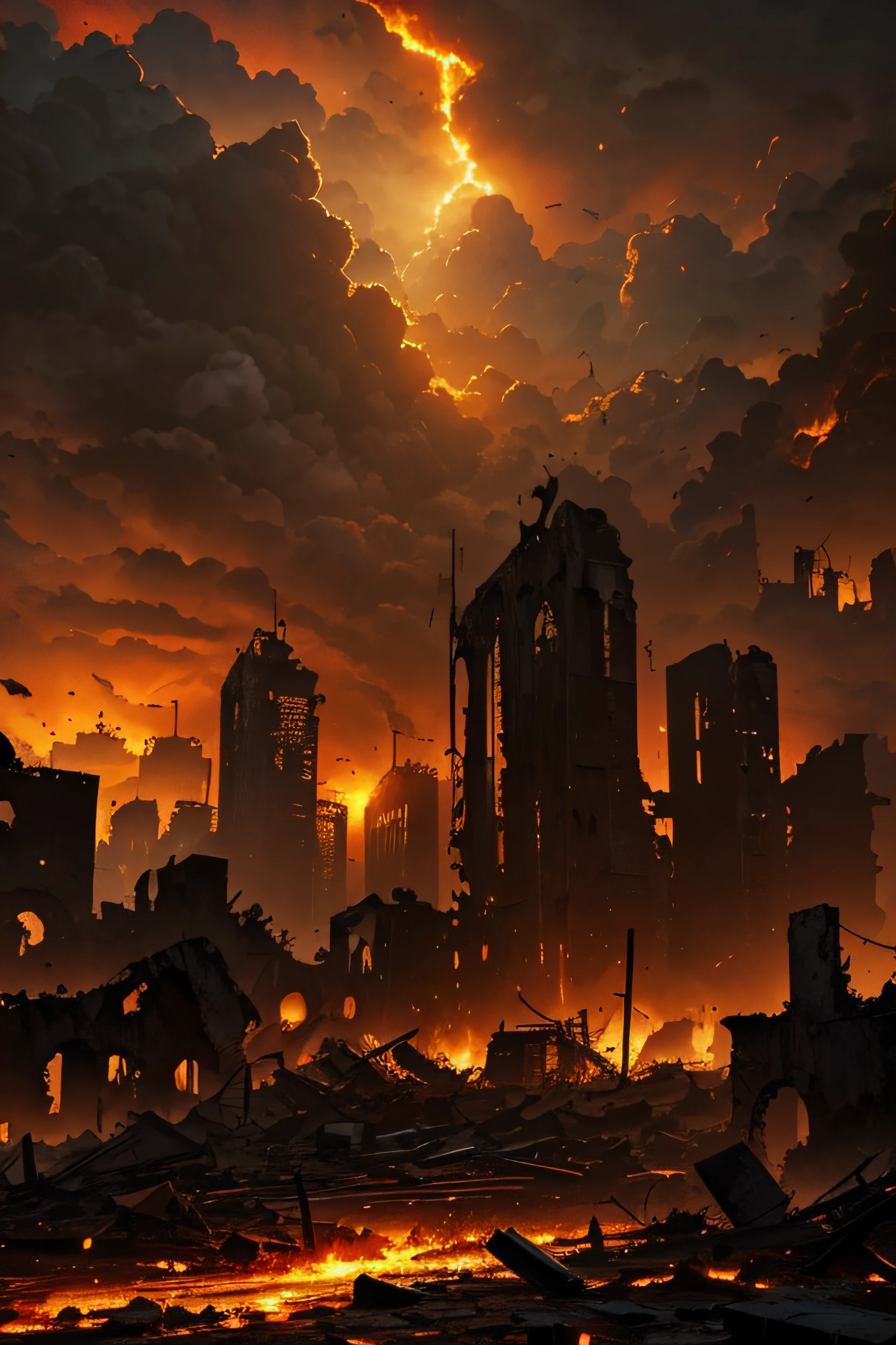 night apocalyptic scenery background, some ruins of a destroyed city, chaotic sky in brown tones, amarelo e vermelho, aspecto sombrio, infernal