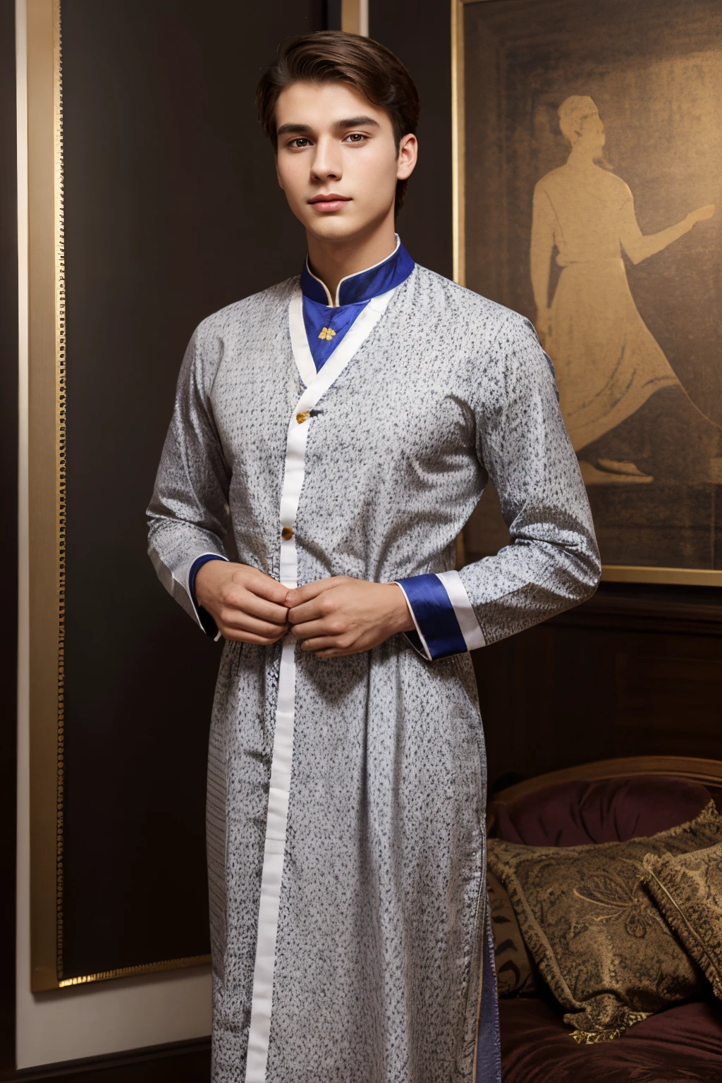 MMTD burmuse patterned traditional dress handsome 22 years old boy ,detailed rounded nose, rounded face,thin lips , protrait painting,detailed full body