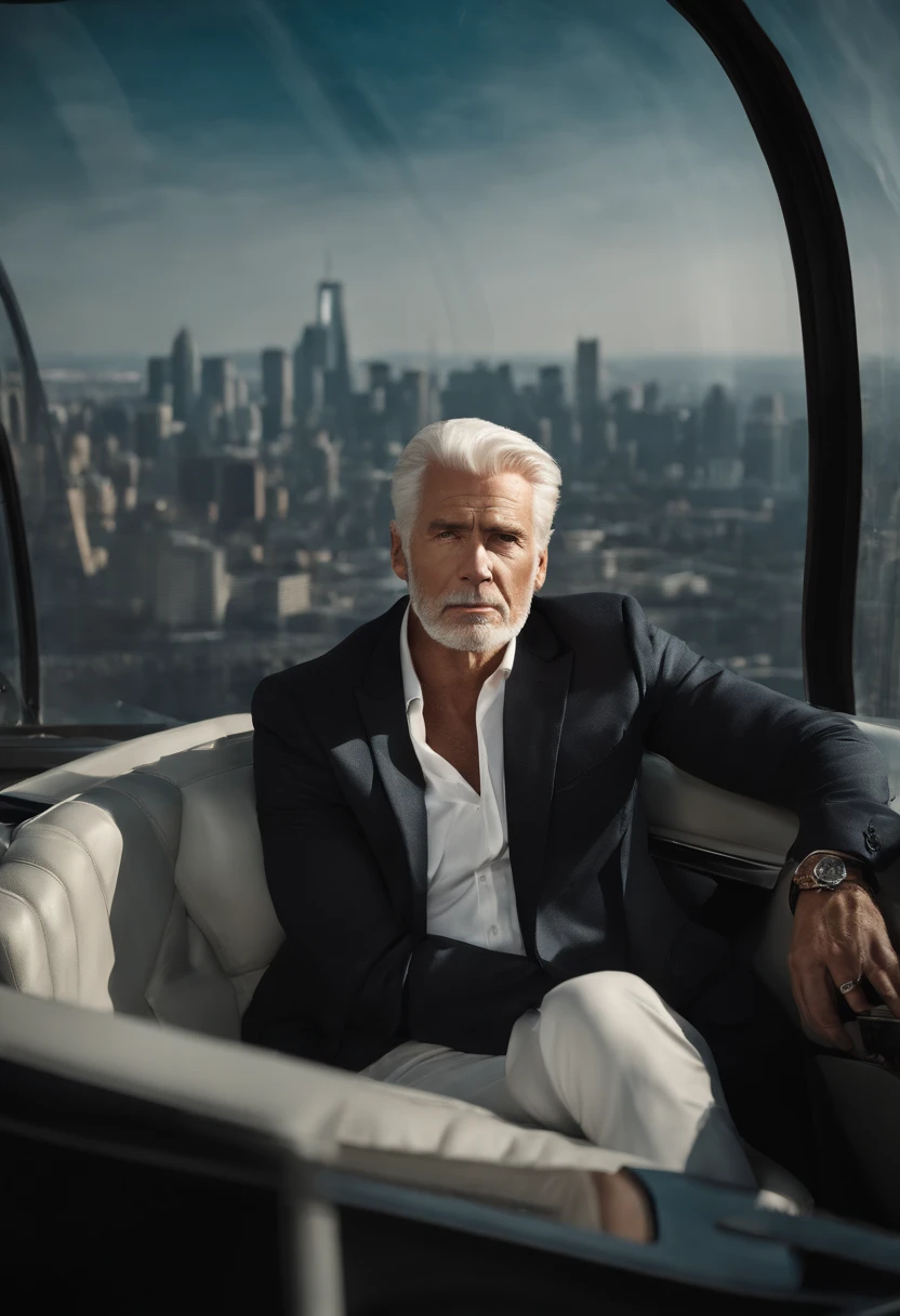 A photo of Logan in a private helicopter, with the city skyline in the background.,original,Logan Roy, the fictional patriarch in “Succession,” possesses a commanding presence, characterized by his tall stature, sharp suits that speak to his power and wealth, and an often stern, unyielding facial expression. His aging appearance, marked by a full head of white hair and a penetrating gaze, adds to his intimidating demeanor., male