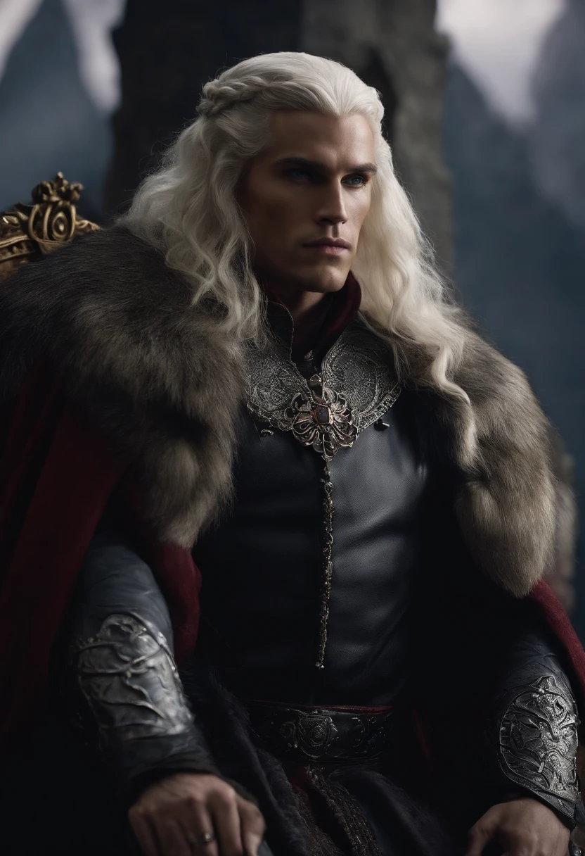 Aemond Targaryen sitting on a majestic dragon skull, deep in thought, with Vhagar looming in the background,Fire and Blood,Physically, Aemond possess the classic Targaryen features, with long platinum silver hair and a piercing purple eye. His intense and penetrating gaze, hints at an intense fire within, and an otherworldly wisdom that belies his youthful appearance. His regal and ethereal bearing is accentuated by his tall stature and muscular but lithe physique. The sharp angles of his face, coupled with a strong jawline, give him a striking and commanding presence.

Prince Aemond Targaryen has very long platinum silver blonde hair, a strong and prominent jawline, straight nose, full lips with defined cupids bow, one violet eye (right), scar from left eyebrow to left cheekbone, missing left eye replaced by blue sapphire. He is tall, lithe, defined muscles, broad shoulders and chest, long torso, small waist, long legs, tight round arse, long thick uncircumcised cock. 

Prince Aemond has large and veiny hands with long elegant fingers. He dresses in medieval regal attire, using expensive dark fabrics and has impeccable taste. He wears a leather eyepatch over his left eye., male