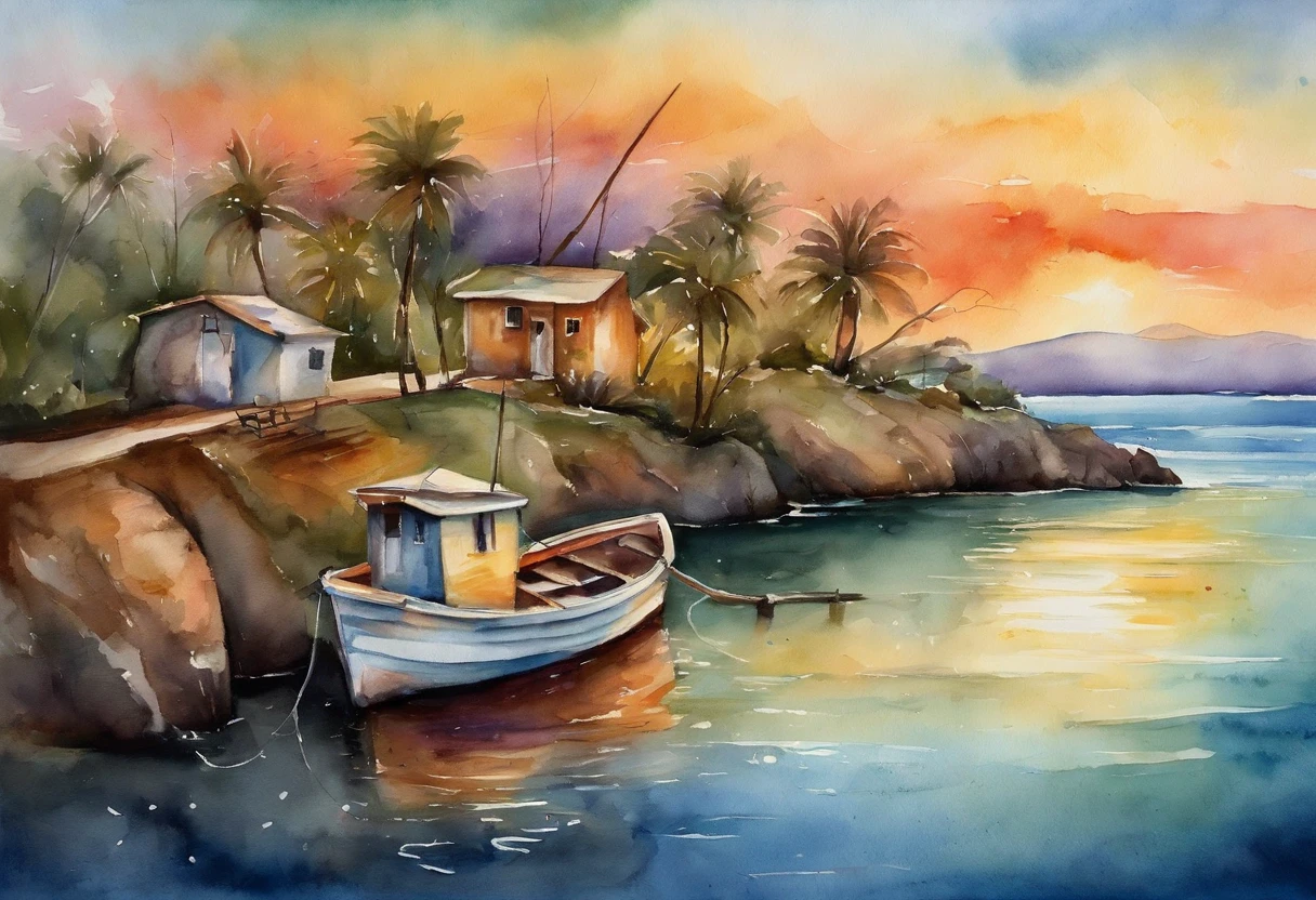 wide angles,Faraway view,beachside,sea island, fishing boat,the sunset,Go fishing