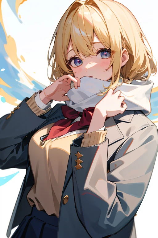 (8K、top-quality、top-quality、masterpiece、ighly detailed: 1.2)、 1 人、The upper part of the body、femele、I'm looking cold、at noon、Winters、 frontage、blonde hair、a blond、he is wearing a blazer、Winding muffler、hands on the muffler、in school uniform、Pupils、Breasts are big、Coming to school、midwinter