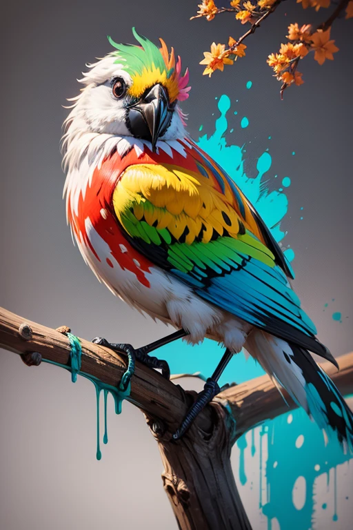 painting of a colorful bird sitting on a branch with dripping paint, paint with pallete knife, detailed painting 4 k, 4k acrylic painting, full of colors, intricate and intense oil paint, beautiful art uhd 4 k