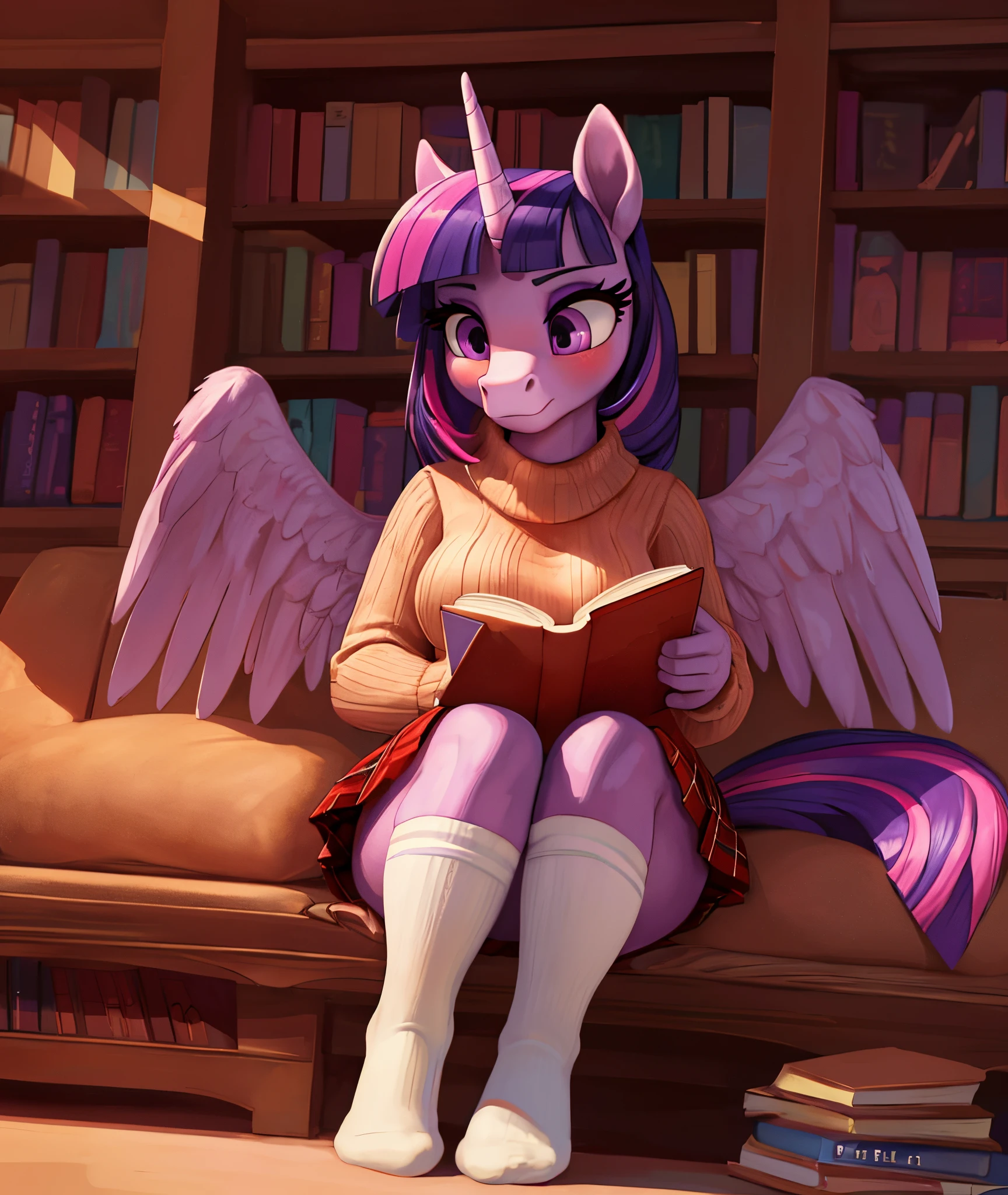 [twilight sparkle], [Uploaded to e621.net; (Pixelsketcher), (mayosplash), (wamudraws)], [uploaded to twitter.com; (@senip)], ((masterpiece)), ((HD)), ((solo portrait)), ((full body)), ((front view)), ((feet visible)), ((furry; anthro horse)), ((detailed fur)), ((detailed shading)), ((beautiful render art)), {anthro female; (slim figure), light-purple fur, horse snout, (long purple hair pink highlights), (long purple tail pink highlights), (light-purple unicorn horn), (light-purple pegasus wings), (long eyelashes), (cute purple eyes), (half-closed eyes), (small boobs), (gorgeous hips), (beautiful legs), (blushing), (expressionless)}, {(beige sweater), (red plaid skirt), (white socks), (upskirt white panties)}, {(sitting on couch), (reading book), (legs crossed), (looking down)}, [background; (library), (bookshelves), (window), (blue sky), (sun rays)]