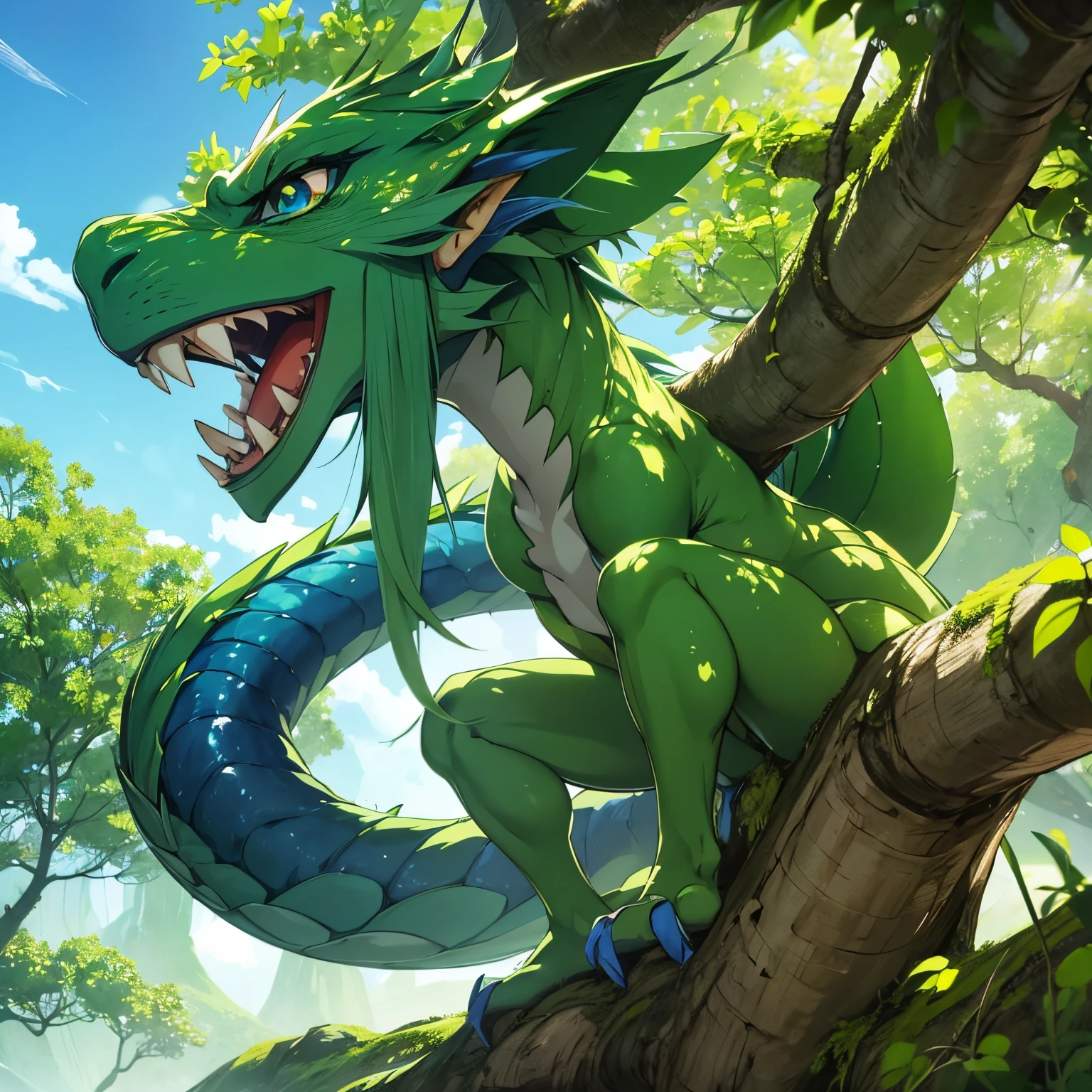((estilo anime)), A little green dragon, com asas, on top of a tree, ((detailed tree)), blue dragon eyes, 4k, best quality, best resolution