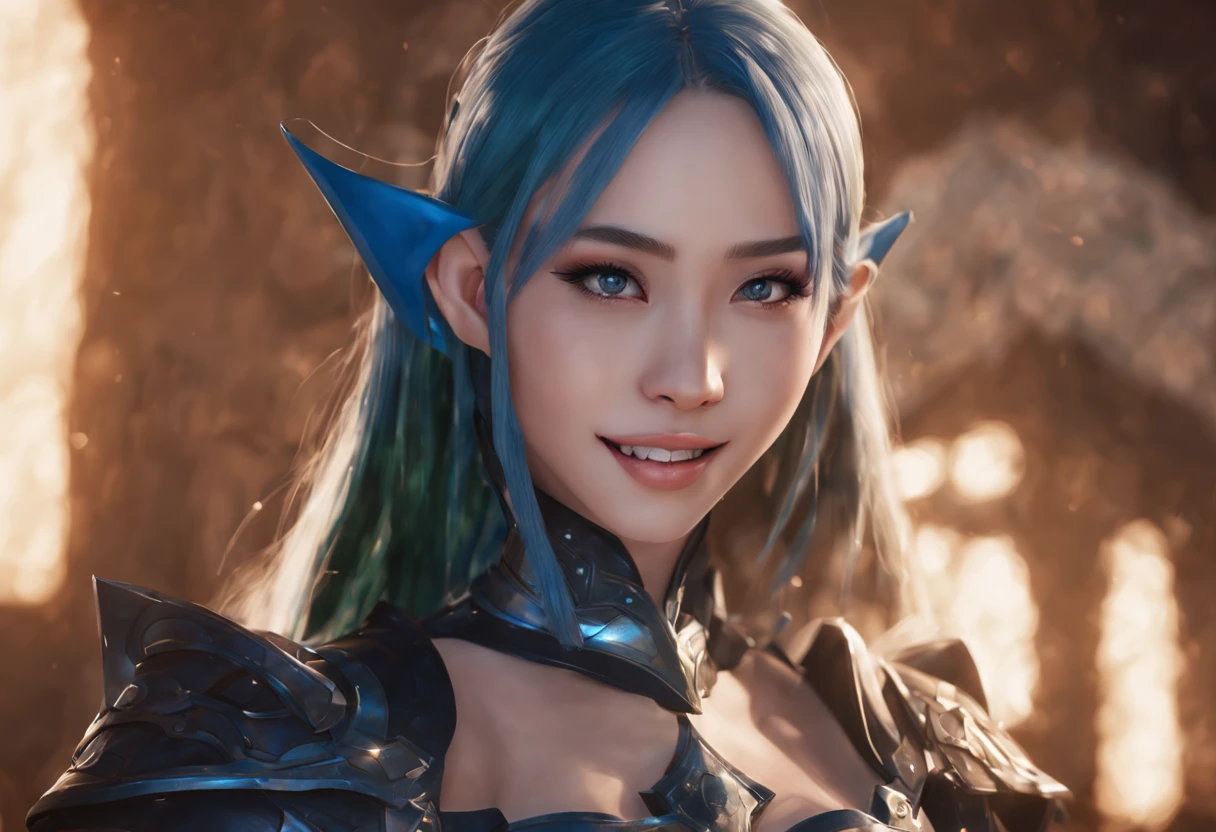 young women elf, face is the most beautiful female star in asia, hair blue to shave, unreal engine 5 rendered, 8k resolution, big smile, armor short black