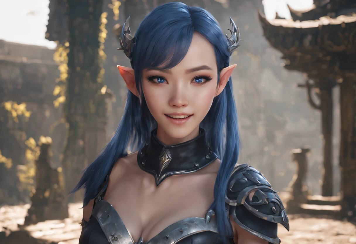 young women elf, face is the most beautiful female star in asia, hair blue to shave, unreal engine 5 rendered, 8k resolution, big smile, armor short black