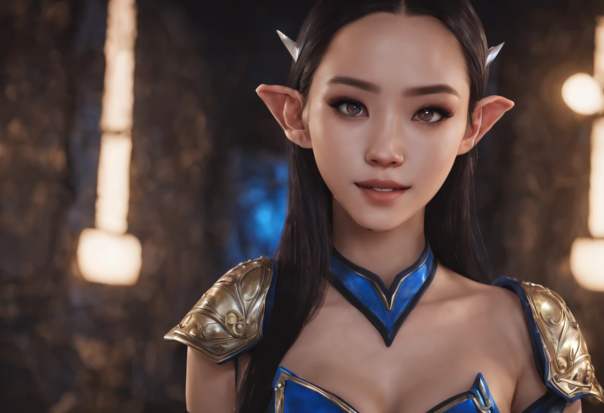 young women elf, face is the most beautiful female star in asia, hair blue to shave, unreal engine 5 rendered, 8k resolution, big smile, armor short black
