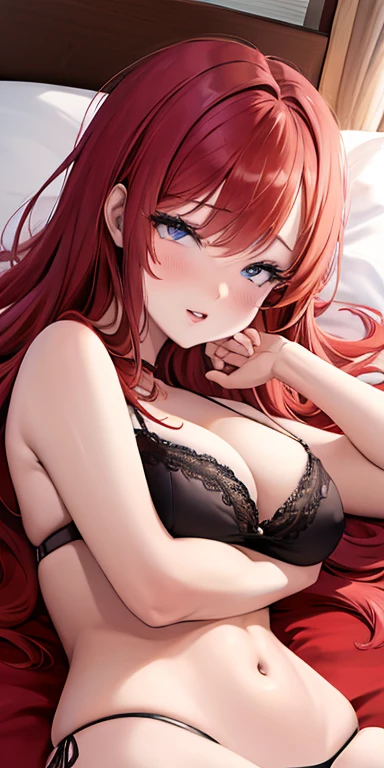 Red-haired anime girl wearing underwear lying on the bed, seductive anime girls, | The anime details are exquisite, pixiv 3dcg,  (animemanga girl), beautiful attractive anime woman, [ 4K digital art ]!!, In Pixiv, inca, The highest rating on PixiV, finely detailled.
