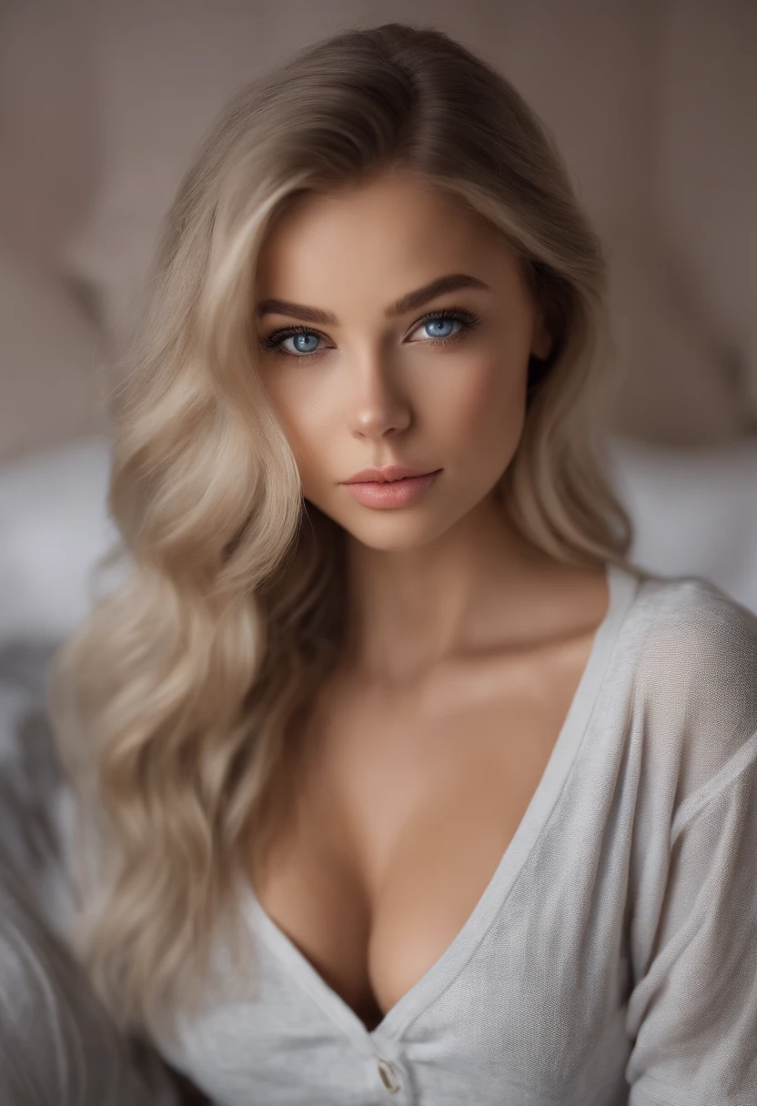 arafed woman fully , sexy girl with blue eyes, ultra realistic, meticulously detailed, portrait sophie mudd, blonde hair and large eyes, selfie of a young woman, bedroom eyes, violet myers, without makeup, natural makeup, looking directly at the camera, face with artgram, subtle makeup, stunning full body shot kneeling on bed, in bedroom, large size bust