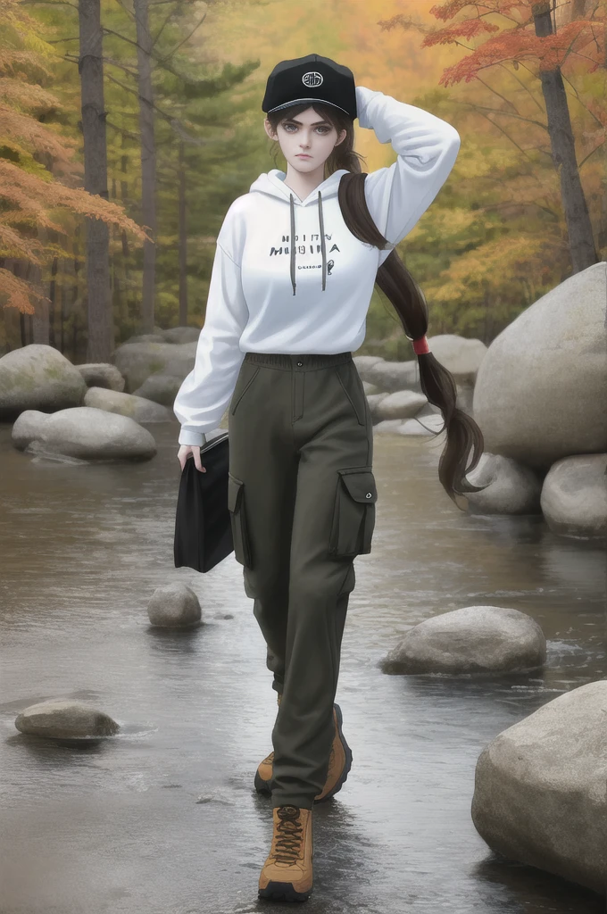 18 years old, American girl, (young:1.1), Alexandra Daddario, sad, fit, fully clothed, (tall:1.0), big head, (very long hair:1.1), low ponytail, sfw, 1 girl, hanging breasts, (massive enormous gigantic colossal breasts:0.9), hiking over rocks, walking, autumn colors, trees, tan cargo pants, oversized pale hoodie, tan pants and pale hoodie, brown hiking boots, low newsboy cap, 8k uhd, absurdres, realistic