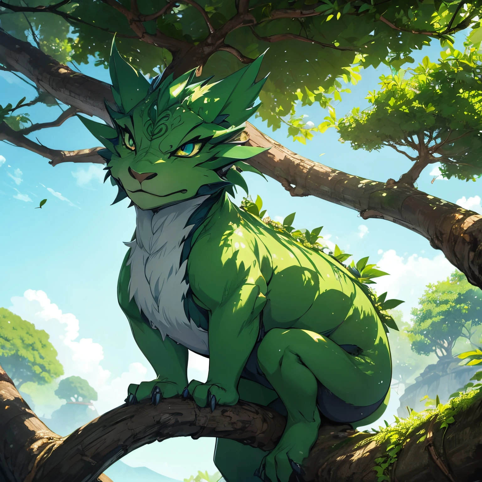 ((Estilo anime)), A little green dragon, com asas, on top of a tree, ((detailed tree)), blue dragon eyes, 4k, best quality, best resolution