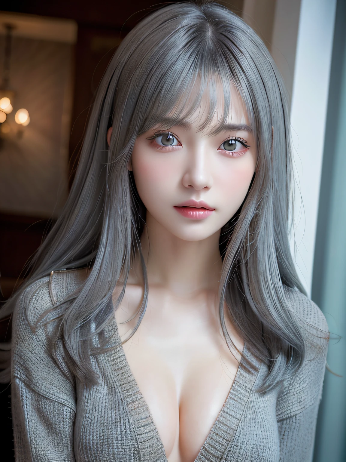 (masuter piece:1.3)、(8K、Photorealsitic、Raw photography、top-quality: 1.4)、(1girl in)、美丽的面容、(Lifelike face)、(Gray hair:1.5)、(Medium Hair)、Beautiful hairstyle、(One eye is hidden by bangs:1.5)、realisticeyes、Beautiful details、(real looking skin)、Beautiful skins、(Black sweater)、absurderes、enticing、embarrassed、超A high resolution、A hyper-realistic、high-detail、the golden ratio