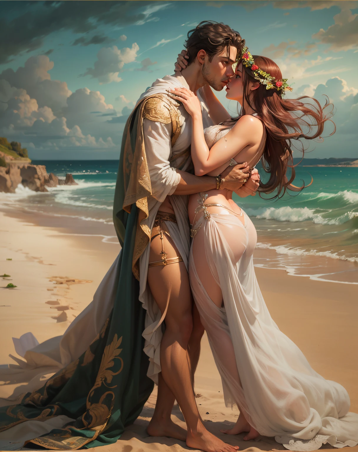 SFW, Greek mythology, calypso and odyssey, 1 man, 1 girl, Beautiful face, sensual look, detailed eyes, blue eyes, gleaming eyes, eyelashes, lips, kissing each other, girl with long red hair, man with short black hair.