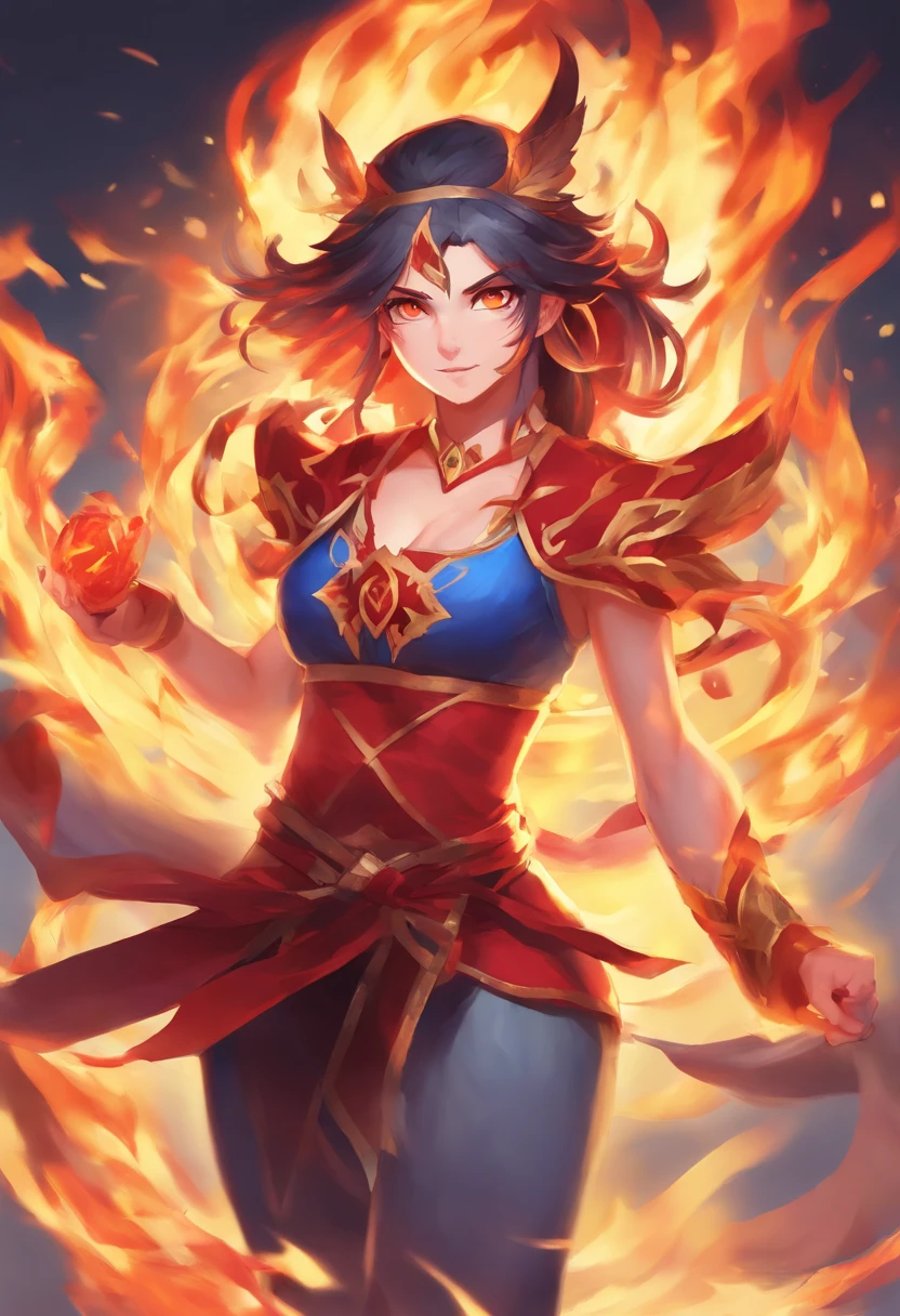 A masterpiece, the highest quality, one mature woman, Raikou, with a motherly smile, "A flaming mythical sword with molten lava dripping down its obsidian blade. Decorated with demonic runes, every detail carefully crafted. An intricate array of items and equipment."
