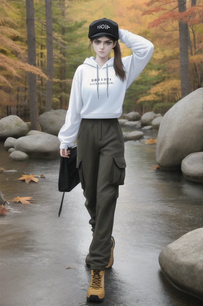18 years old, American girl, (young:1.2), Alexandra Daddario, sad, fit, fully clothed, (tall:0.6), big head, (very long hair:1.0), low ponytail, sfw, 1 girl, hanging breasts, (massive enormous gigantic colossal breasts:0.6), hiking over rocks, walking, autumn colors, trees, tan cargo pants, oversized pale hoodie, tan pants and pale hoodie, brown hiking boots, low newsboy cap, 8k uhd, absurdres, realistic