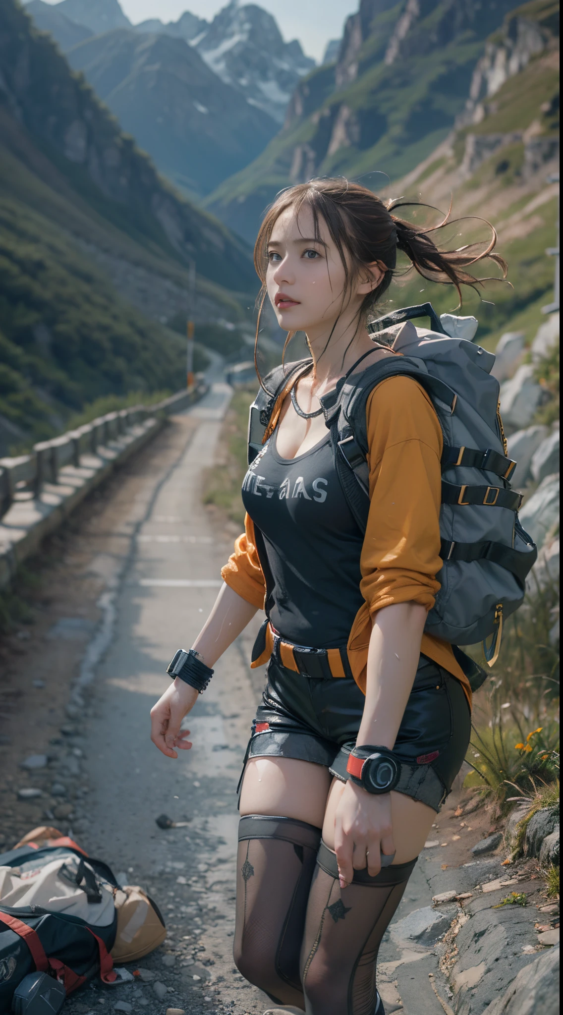 8k, top-quality, (pubic hair beauty)、hight resolution, 逼真, realperson, A beautiful, muscular woman carries a large amount of luggage on her back with special equipment as a job on a beautiful mountain road in the Alps.、((I'm desperately rushing and running as fast as I can))、Hurry、((Fleeing))、He wears tight shorts and a T-shirt that is so short that his stomach is exposed.、huge tit、A lot of sweat in the cleavage、Death Stranding
