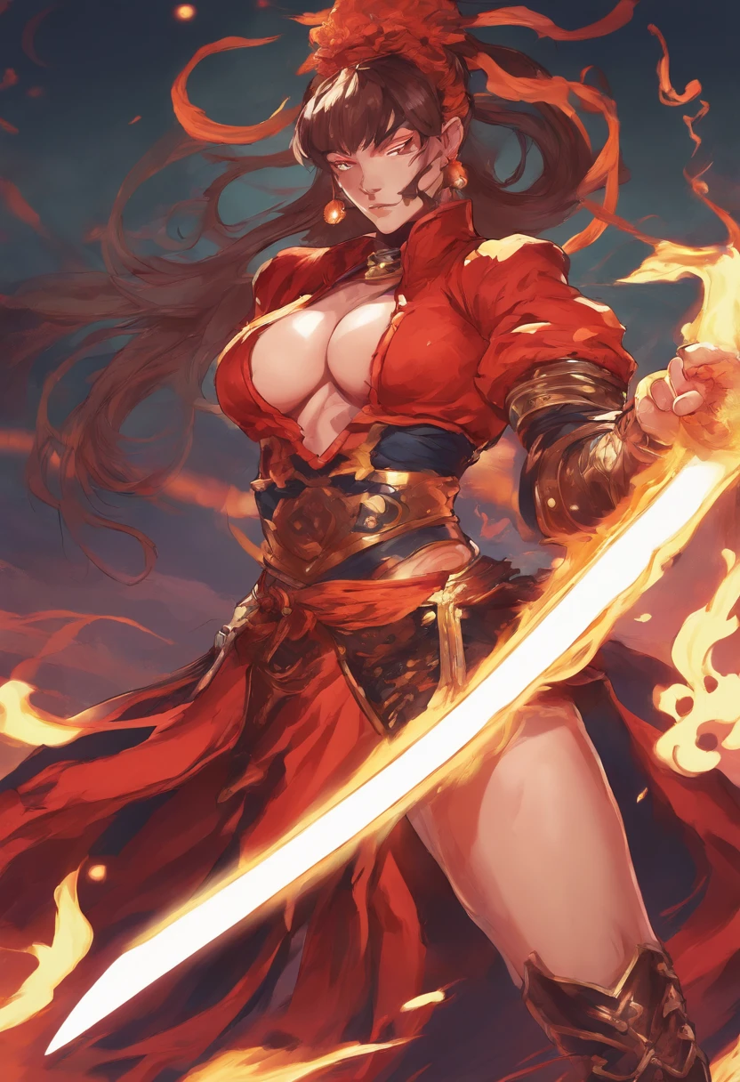 One in costume、Close-up of a woman holding a sword, Black fire reflective armor, lava show dress, Cloaked on the ragged plains, Potion Belt, Use raging flames, ornate flowing robes, appears as the fire goddess, JPEG artifacts are severely blurry, ornate bikini armor, flame conjuring armored, Seductive tiefling druid