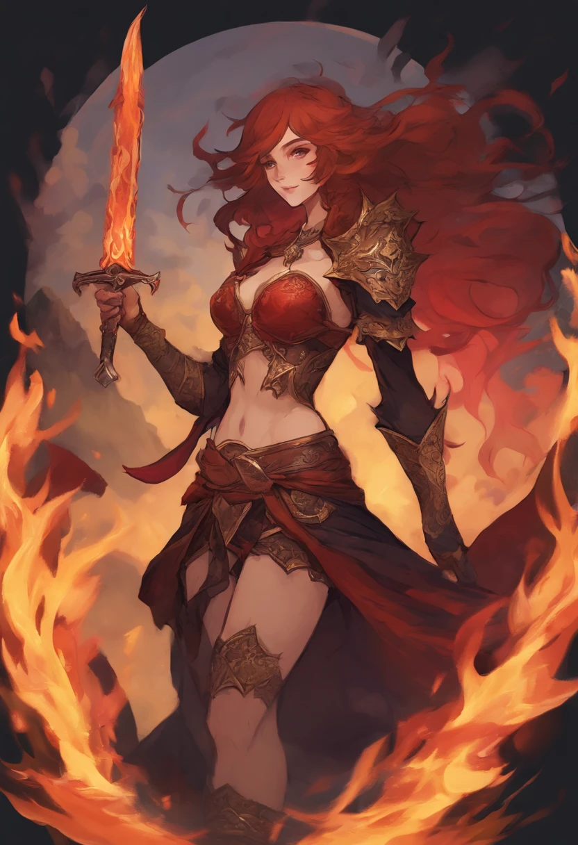 One in costume、Close-up of a woman holding a sword, Black fire reflective armor, lava show dress, Cloaked on the ragged plains, Potion Belt, Use raging flames, ornate flowing robes, appears as the fire goddess, JPEG artifacts are severely blurry, ornate bikini armor, flame conjuring armored, Seductive tiefling druid