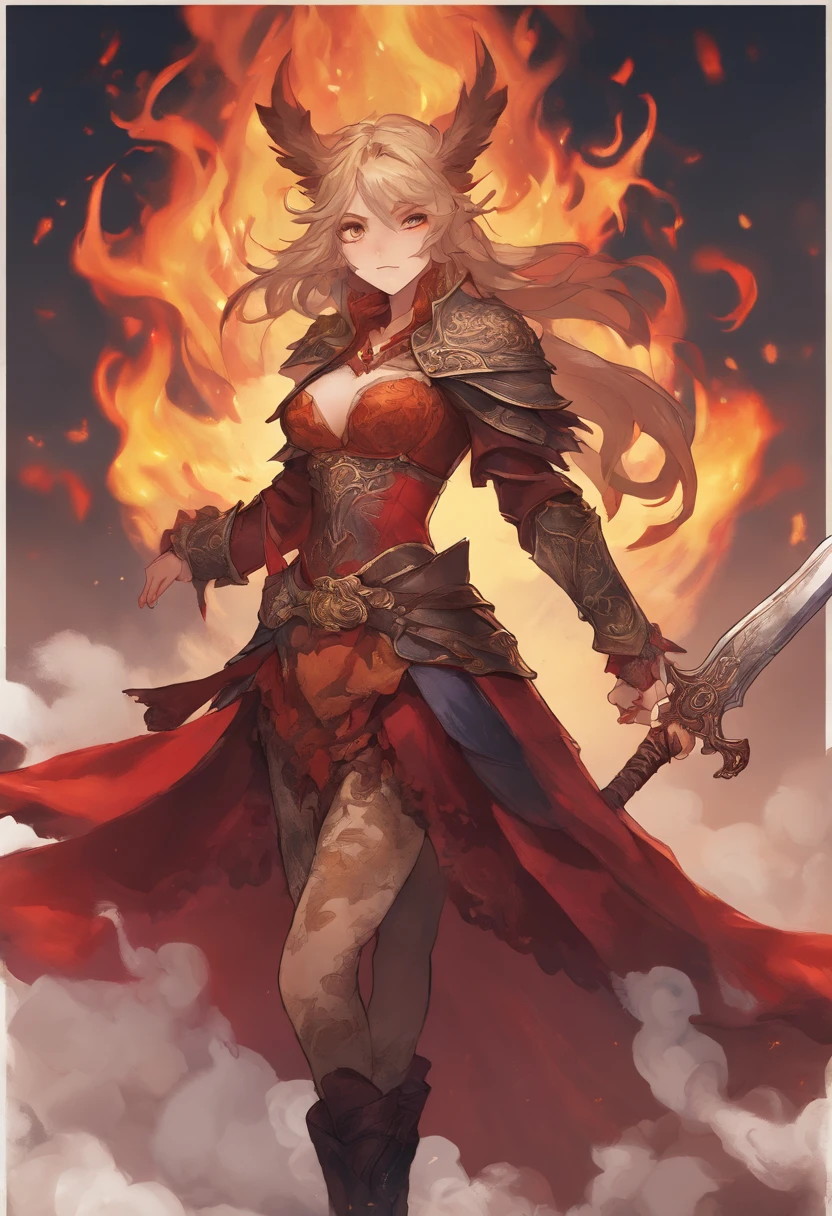 One in costume、Close-up of a woman holding a sword, Black fire reflective armor, lava show dress, Cloaked on the ragged plains, Potion Belt, Use raging flames, ornate flowing robes, appears as the fire goddess, JPEG artifacts are severely blurry, ornate bikini armor, flame conjuring armored, Seductive tiefling druid