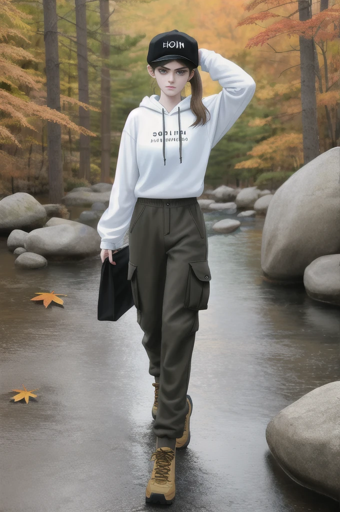18 years old, American girl, (young:1.2), Alexandra Daddario, sad, fit, fully clothed, (tall:0.4), big head, (very long hair:0.8), low ponytail, sfw, 1 girl, hanging breasts, (massive enormous gigantic colossal breasts:0.4), hiking over rocks, walking, autumn colors, trees, tan cargo pants, oversized pale hoodie, tan pants and pale hoodie, brown hiking boots, low newsboy cap, 8k uhd, absurdres, realistic