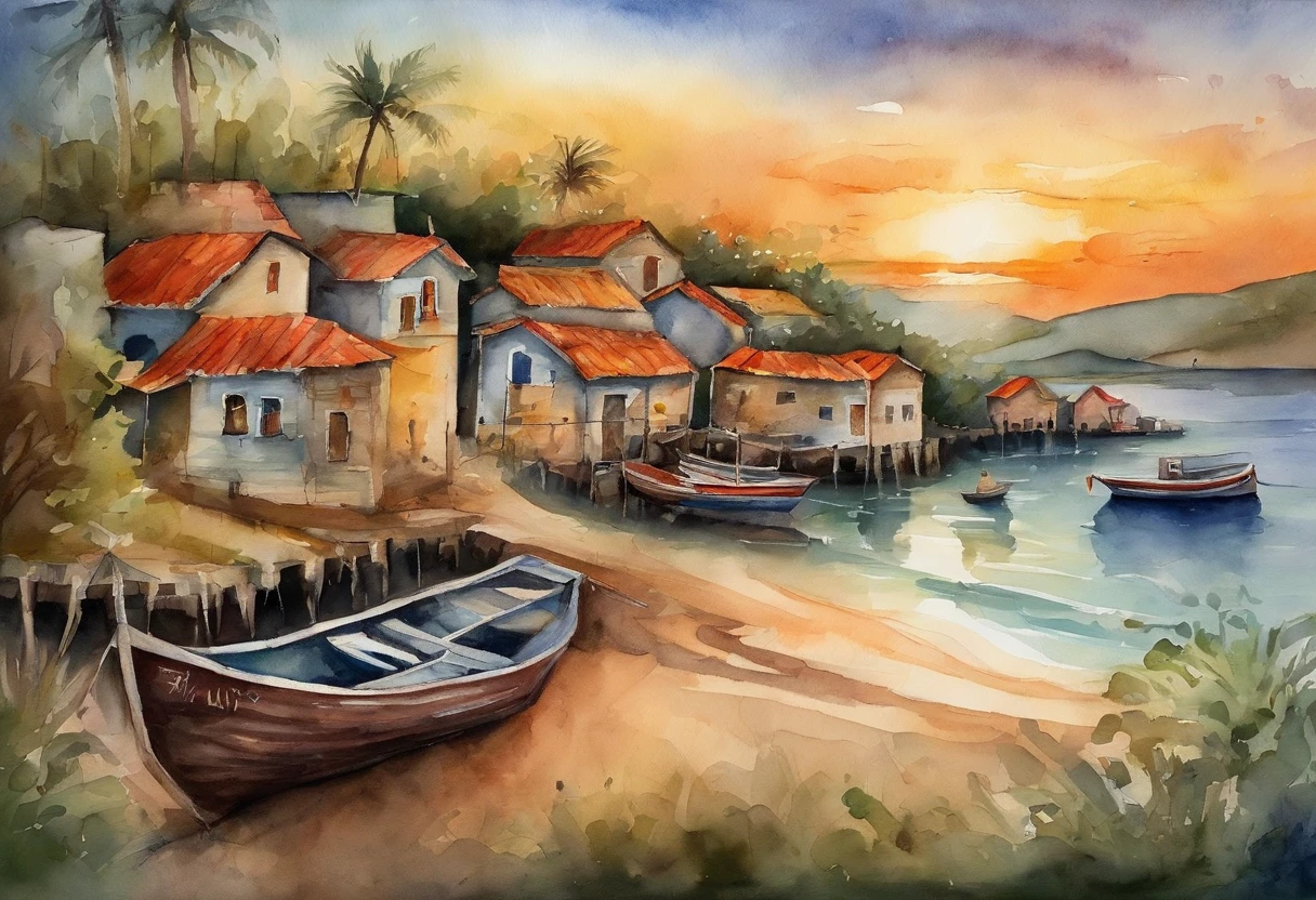 wide angles，Faraway view，beachside，sea island，fishing village， fishing boat，the sunset，Go fishing