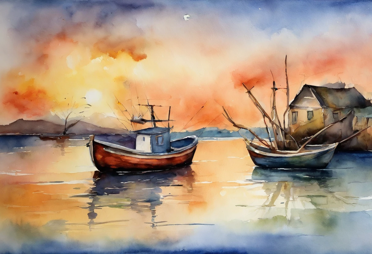 wide angles，Faraway view，beachside，sea island，fishing village， fishing boat，the sunset，Go fishing