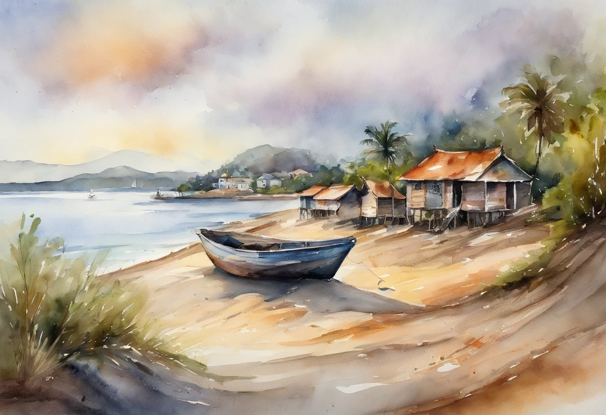 wide angles,Faraway view,beachside,sea island,fishing village, fishing boat,the sunset,Go fishing