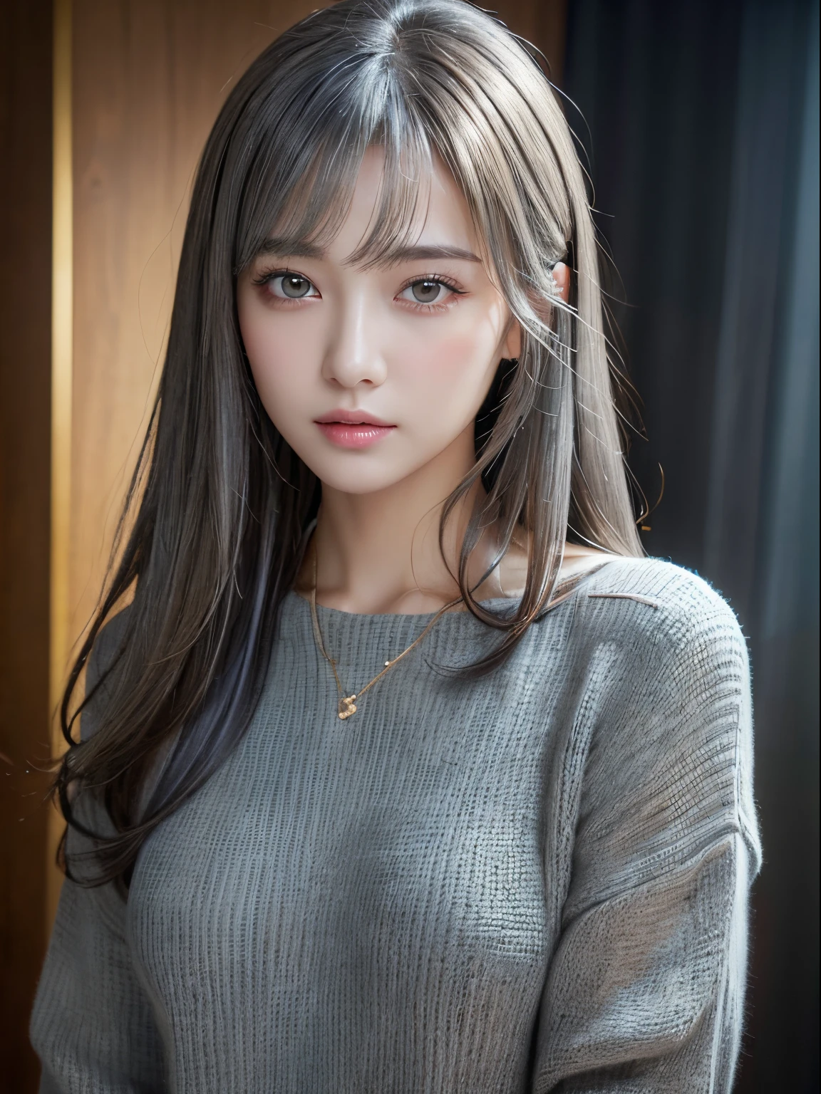 (masuter piece:1.3)、(8K、Photorealsitic、Raw photography、top-quality: 1.4)、(1girl in)、美丽的面容、(Lifelike face)、(Gray hair:1.5)、(Medium Hair)、Beautiful hairstyle、（One eye is hidden by bangs：1.5）、Realistic brown eyes、Beautiful details、（real looking skin）、Beautiful skins、（Black sweater）、absurderes、enticing、embarrassed、超A high resolution、A hyper-realistic、high-detail、the golden ratio