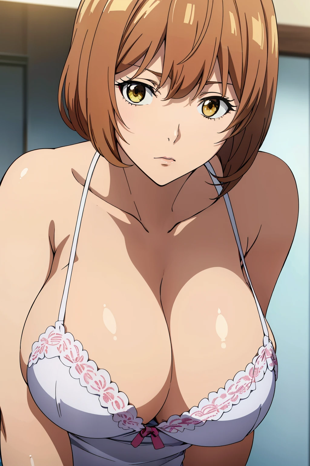 (Best Quality, masutepiece, High resolution, anime screen cap, anime colours), Brown hair, Yellow eyes, Yuriko Aoki, Embarrassed look:1.3, (large breasts with drooping:1.8, cleavage), (Thin fabric, large white camisole:1.8, no-bra:1.5, Wide open chest), Slimed, Lower your arms, Leaning forward, Upper body, Close-up on the chest, Bedrooms, (Perfect Anatomy, perfect detailed body, Eyes and hair in beautiful detail, Beautiful breasts and skin),