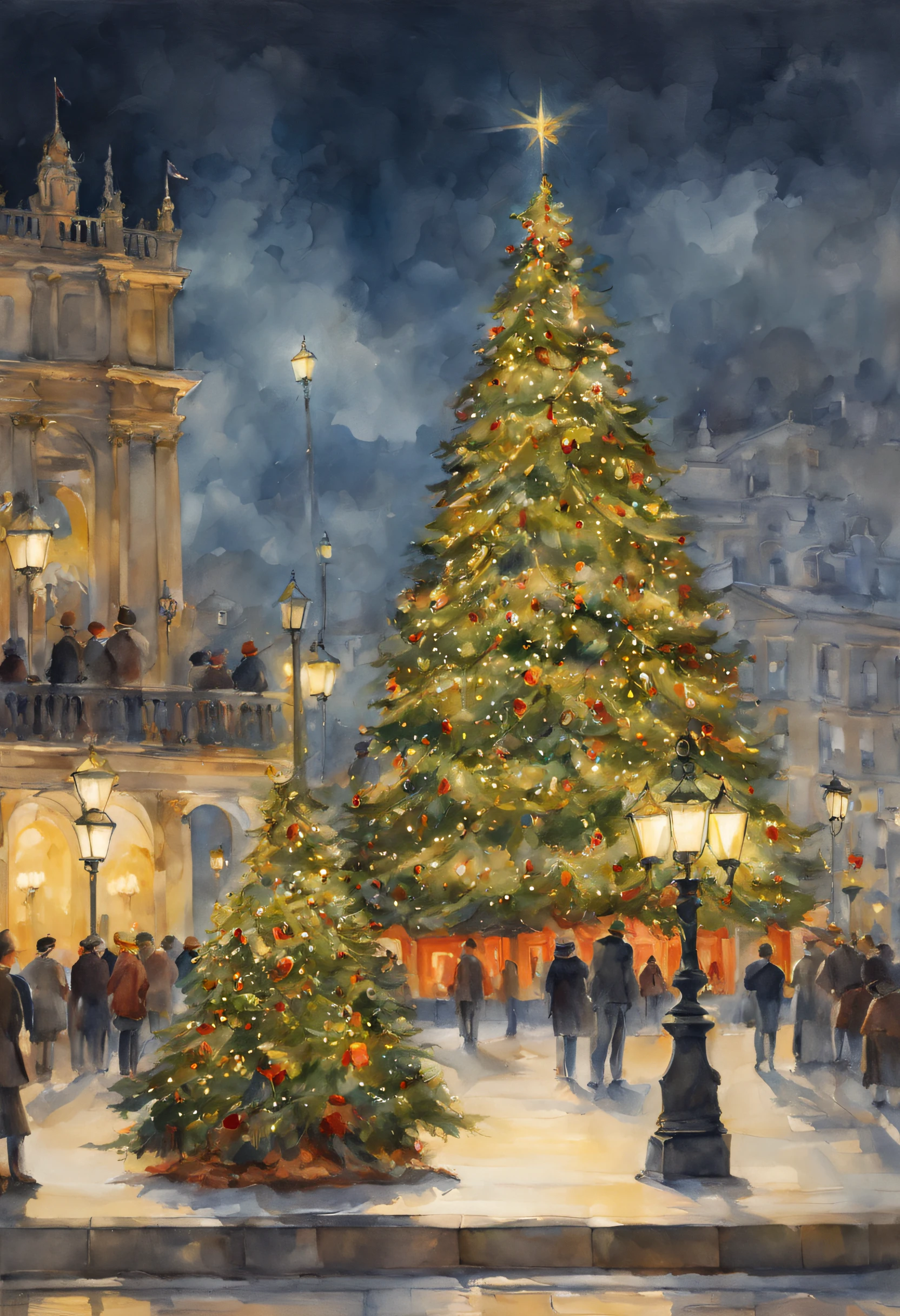 (Acuarela en estilo Sargent)、(highest qualityr、obra maestra) Luz suave , square decorated with Christmas motifs , in the center of the square a huge Christmas tree , las luces de los faroles iluminan calidamente la plaza con poca gente