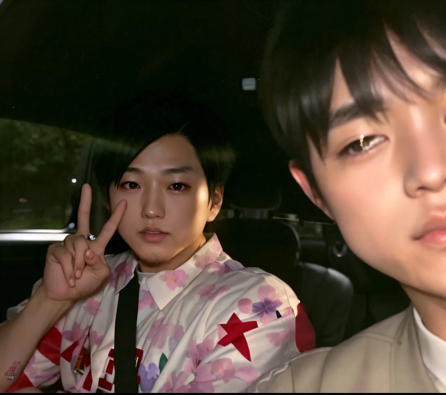 they are sitting in the back of a car and making a peace sign, akehiko inoue and ross tran, nixeu and sakimichan, jin shan and ross tran, jiro matsumoto and yusuke murata, gunwoo kim and j.dickenson, jimin\'s right eyelid swollen, snapchat photo
