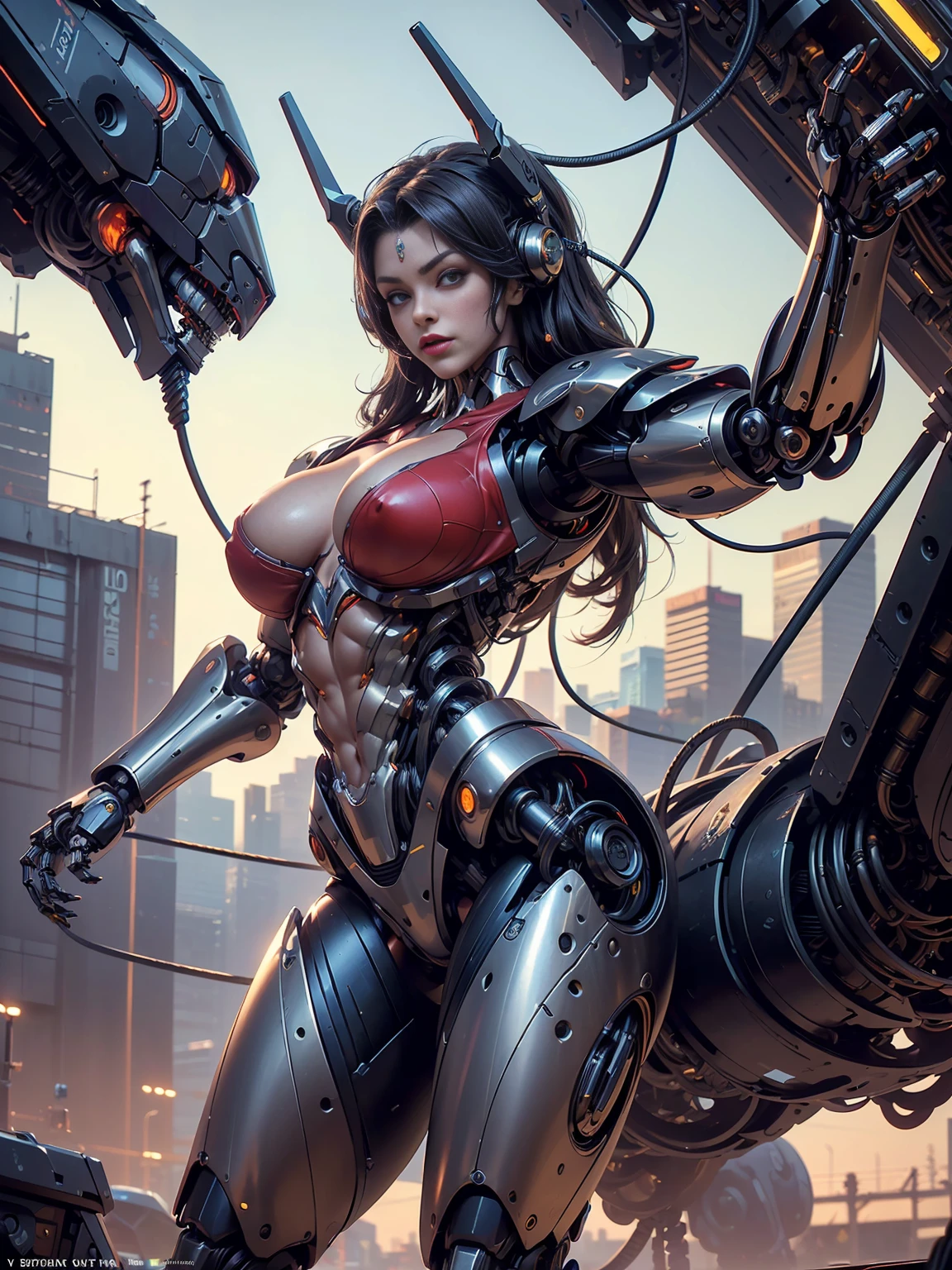 (beautiful cyborg queen:1.5), (robotic mechanical physique:1.5), (1 super muscular cyborg demoness:1.5), (covered in cables and mechanical muscles:1.5), (android muscular anatomy:1.5), (perfect fingers:1.25),(8k, RAW photo, photorealistic:1.25), sci fi atmosphere, futuristic technopia, alien landscape,