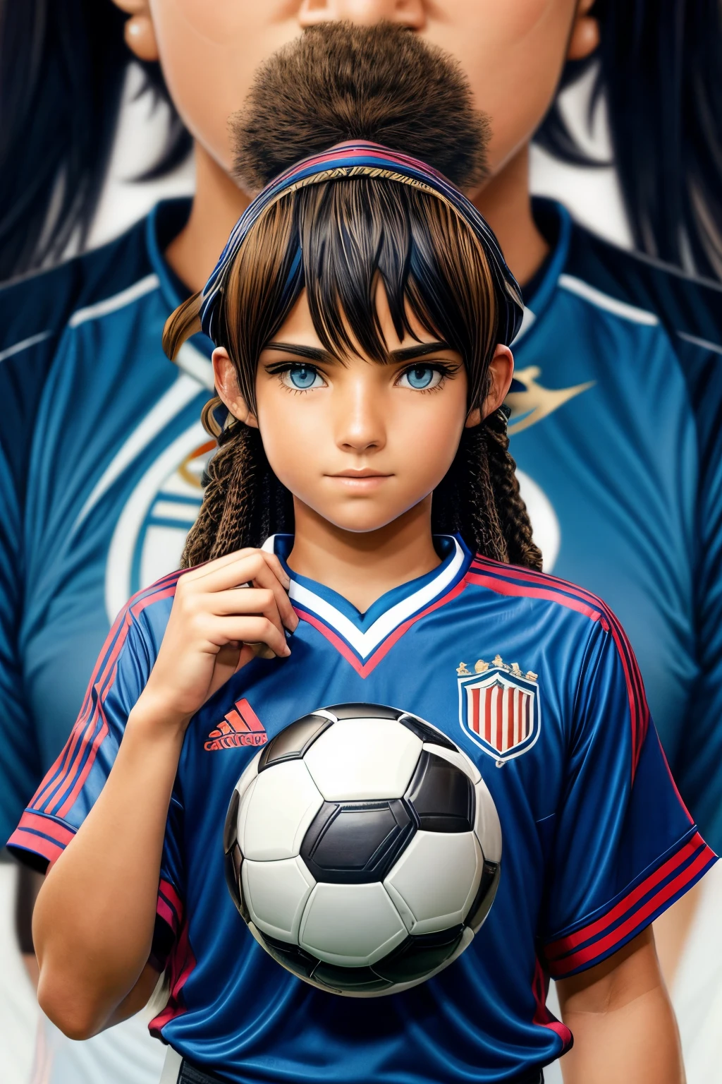 uniform soccer, cabelo curto amarrado, olhos de felino