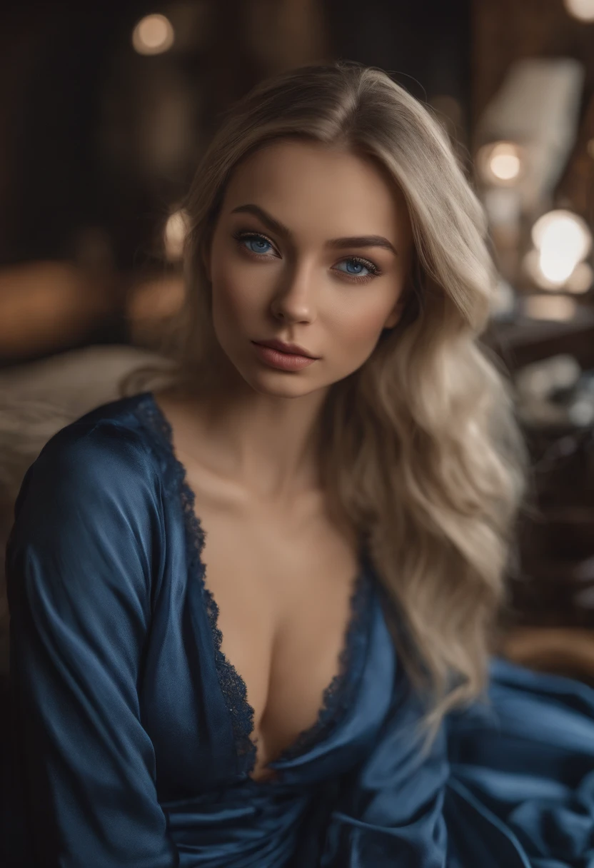arafed woman fully , sexy girl with blue eyes, ultra realistic, meticulously detailed, portrait sophie mudd, blonde hair and large eyes, selfie of a young woman, bedroom eyes, violet myers, without makeup, natural makeup, looking directly at the camera, face with artgram, subtle makeup, stunning full body shot sitting in a bar, wearing a red dress, large size bust