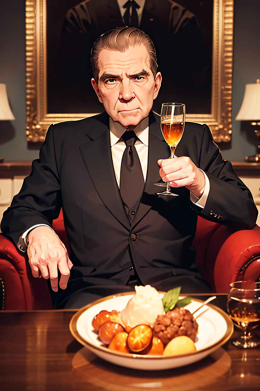 "Richard Nixon, the infamous president known for his love of alcohol, sits in the White House with a glass of scotch in hand. The amber liquid swirls in the glass, reflecting the dim light of the room. Nixon's face is flushed and his tie is loosened, a clear indication of his indulgence."